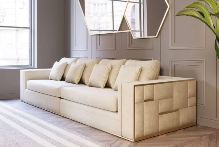 Indulgent Beige and Gold Fabric Sofa