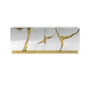 Lapiaz Sideboard with polished brass, stainless steel, and wood veneer details.
